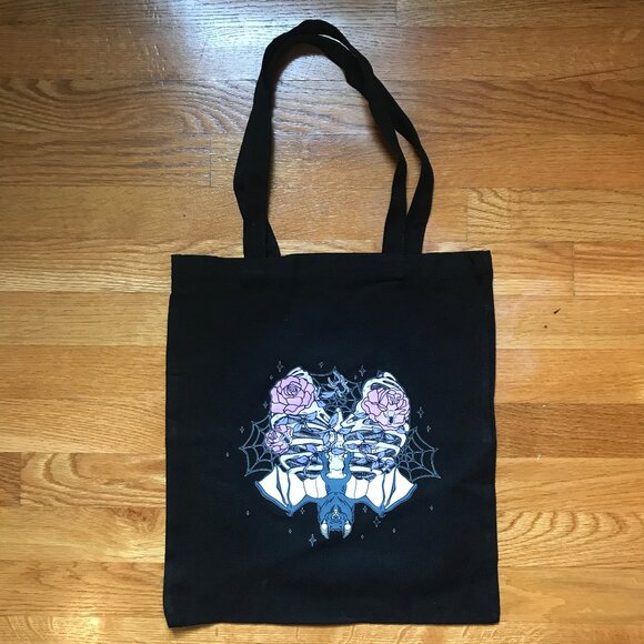 Gothic Lolita EGL Punk Pink & Black Rib Cage Roses & Bat Skelton Black Tote Bag - Picture 3 of 6
